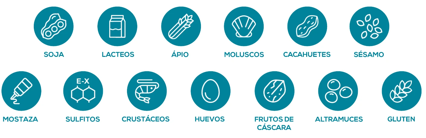 Alérgenos: soja, lácteos, apio, moluscos, cacahuetes, sésamo, mostaza, sulfitos, crustáceos, huevos, frutos de cáscara, altramuces y gluten
